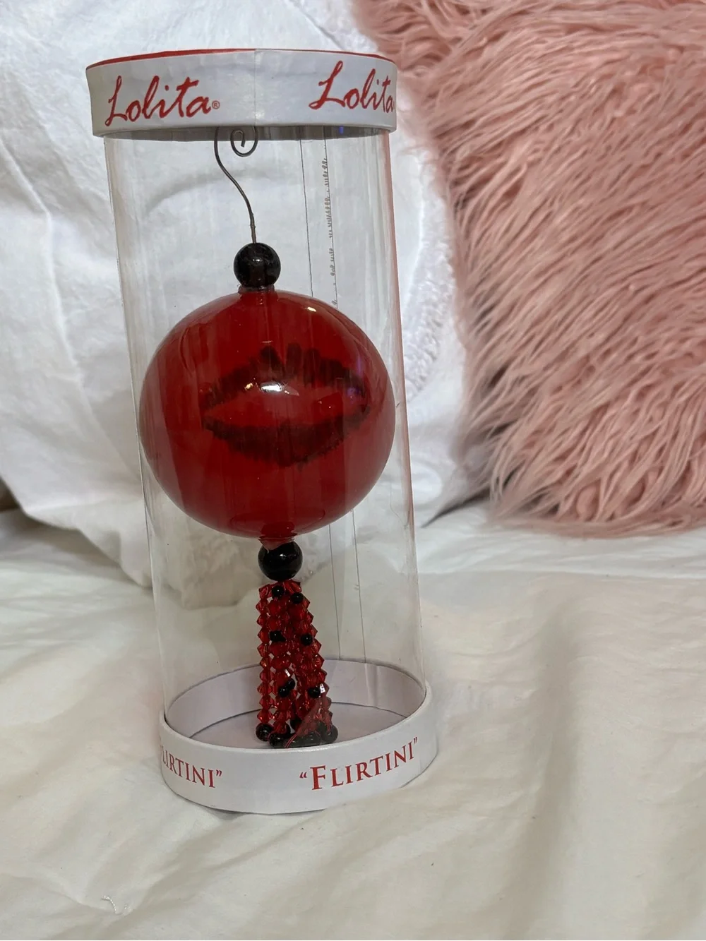 Lolita Flirtini Holiday Bauble Red Glass Ornament Beaded Tassel w/ Box